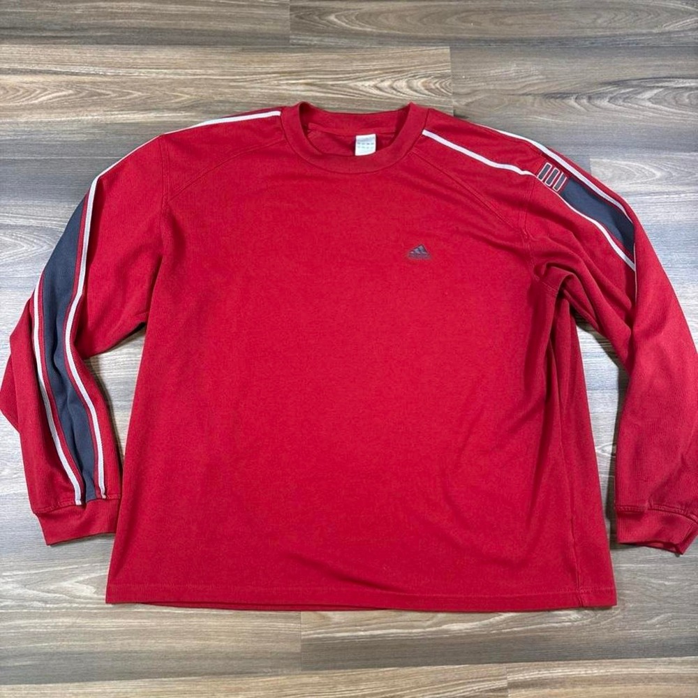 Adidas red long sleeve shirt with white and navy blue stripes on sleeves, size M